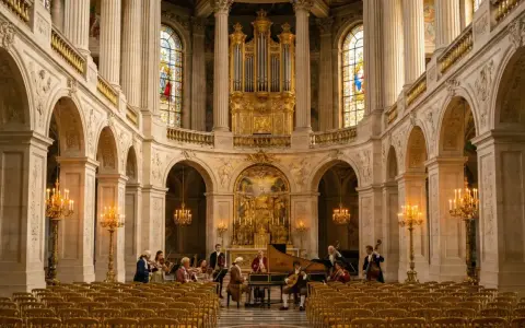 Un orchestre joue dans la chapelle royale de Versailles, devant un orgue doré et des vitraux.