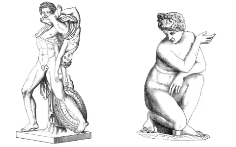 Zwei antike Skulpturen: ein Mann, der ein Kind trägt, und eine kniende Frau. Der Mann könnte Achilles, der Gott, sein.