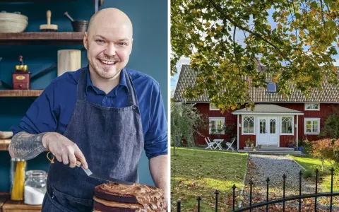 Fredriks fika: En glad bagare med en chokladtårta och ett rött hus i höstsol.