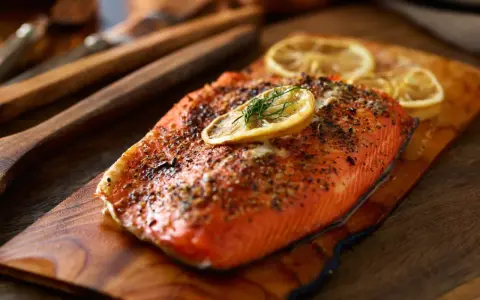 Perfekt gegarter Lachs auf Holzbrett, garniert mit Zitrone und Dill. Die ideale lachs kerntemperatur sorgt für saftigen Genuss.