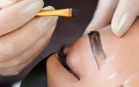 Application d'une teinture sourcils en institut. Un pinceau fin dépose la couleur sur un sourcil soigneusement dessiné.
