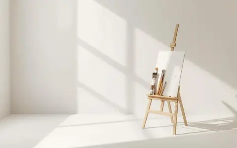 Chevalet en bois avec une toile avant peinture et des pinceaux, dans une pièce baignée de lumière naturelle.