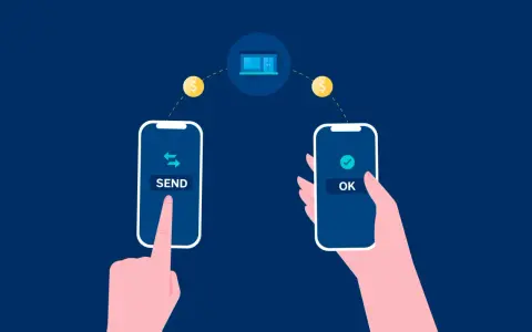 Manos intercambiando dinero digitalmente. Una pantalla muestra "SEND", la otra "OK". ¿Cuanto tarda una transferencia?