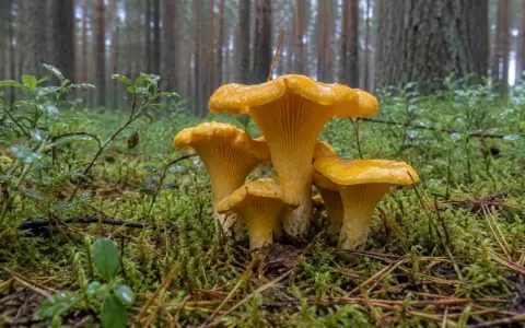 Grupa żółtych kurek rośnie na wilgotnym mchu w lesie. To idealne miejsce, gdzie rosną kurki, pełne leśnych skarbów.