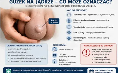 Powiększone i twarde jądro z wyczuwalnym guzem. Obraz przedstawia powiększone jądro z widocznym guzem, podkreślając potrzebę konsultacji urologicznej.