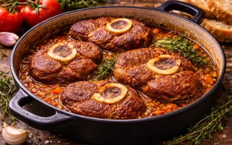 Cuatro rodajas de osobuco cocinándose en una cazuela con verduras y hierbas. El tuétano asoma en el centro de cada corte, revelando de donde sale el osobuco.