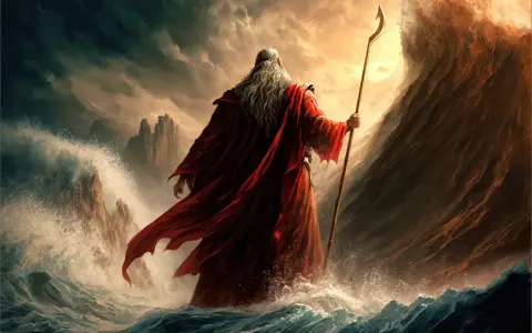 Moses, the biblical prophet, parts the Red Sea with his staff, leading his people to freedom.