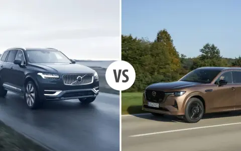 Porównanie Volvo XC90 i nowego SUV-a Mazda CX-60. Dwa luksusowe auta na drodze.