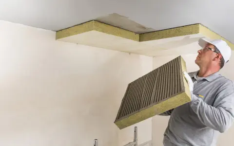 Mann mit Kleber auf Dämmplatte bereitet vor, die Decke zu isolieren.