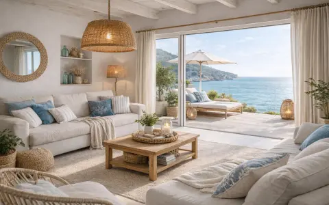 Arredo case al mare: soggiorno luminoso con divani chiari, tavolino in legno e vista mozzafiato sul mare.