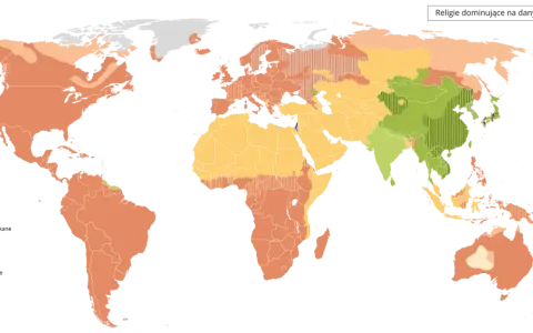 Mapa świata ukazująca dominujące religie. Tanzania, podobnie jak duża część Afryki, jest zaznaczona kolorem pomarańczowym, co oznacza chrześcijaństwo.
