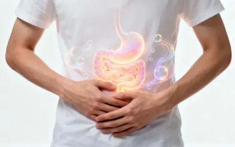 Ein Mann hält sich den Bauch, auf dem Magen und Darm leuchten. Bläschen und Rauch deuten auf ein Gluckern im Bauch hin.
