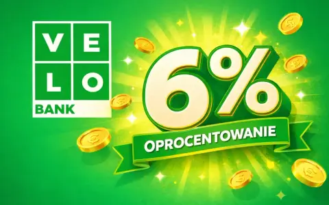 VELO BANK: konto oszczędnościowe z oprocentowaniem 6%. Złote monety i błyski symbolizują zysk.
