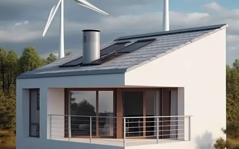Ein modernes Einfamilienhaus mit Solarpaneelen und einer Kleinwindkraftanlage im Hintergrund, die für nachhaltige Energie sorgt.