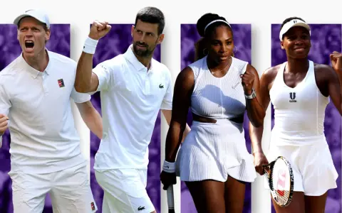 Tenistas celebran victoria. Novak Djokovic, Serena y Venus Williams, y otro jugador, listos para la acción cuando juega sinner.
