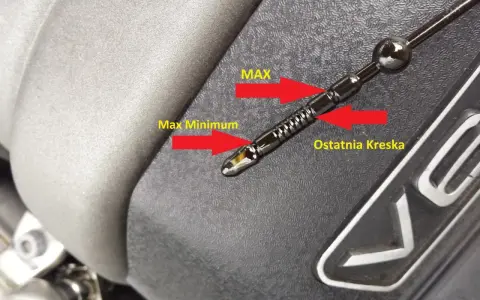 Poziom oleju w Audi A4 B6 1.9 TDI. Miarka pokazuje, że olej jest między minimum a maksimum.