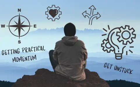 A person sits on a mountaintop, contemplating how to get unstuck. Icons represent direction, heart, choices, and ideas.