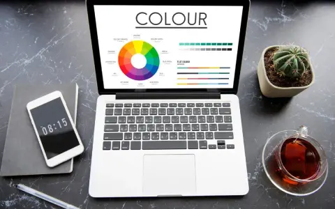 Na ekranie laptopa koło barw i palety kolorów, pomocne przy wyborze między rgb czy cmyk do druku. Obok telefon, notes i kaktus.