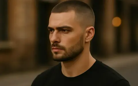 Hombre con un corte de pelo buzz cut y barba cuidada, mirando a lo lejos con expresión seria.