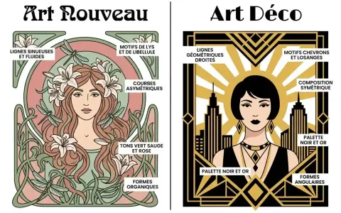 Comment reconnaitre l'art déco : lignes géométriques, composition symétrique, palette noir et or, formes angulaires. L'image oppose ces caractéristiques à l'Art Nouveau.
