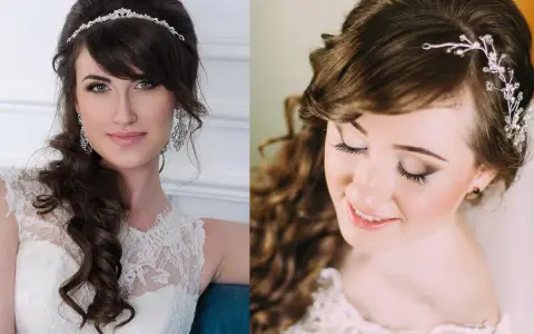 Eleganckie fryzury na wesele z grzywką, warkocze i loki, ozdobione tiarami i spinkami.