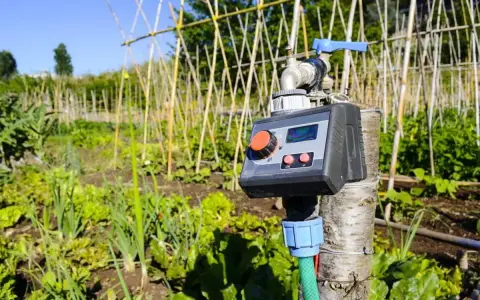 Un temporizador para sistemas de riego automático controla el agua en un huerto con plantas verdes y un cielo azul.