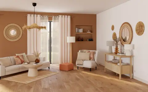 Un salon **cocooning salon bois et blanc** avec canapé, fauteuil, table basse et console. Décoration murale en rotin et coussins aux motifs géométriques.