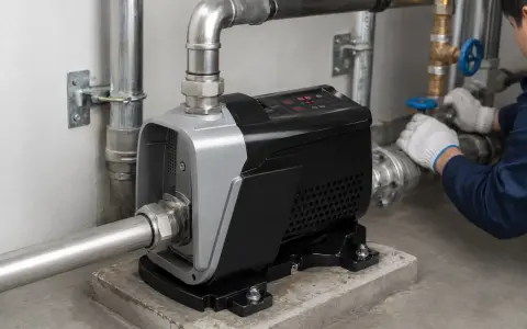 Pompa per acqua con pannello digitale. Un tecnico con guanti bianchi regola una valvola, forse per controllare il rumore pressione acqua.