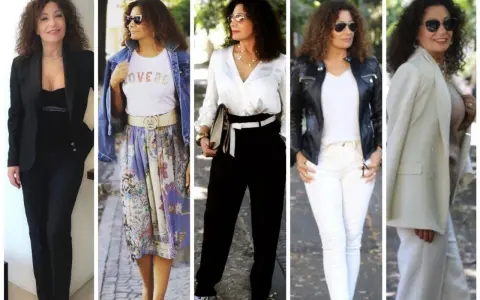 Donna con capelli ricci sfoggia diversi outfit eleganti, dimostrando il suo innato senso dello stile.