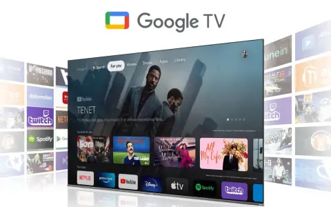 Google TV to platforma streamingowa z filmami i serialami. Na ekranie widać interfejs z tytułem "Tenet" i rekomendacjami.