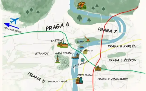 Illustrated map of Prague showing districts, landmarks like Prague Castle, Old Town, and an airport route.