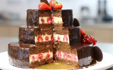 Gâteau à trois étages au chocolat et aux framboises, parfait pour une recette gâteau anniversaire facile. Décoré de fruits rouges et de chocolat.