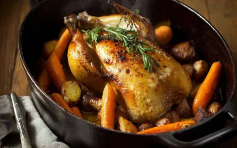 Une pintade en cocotte dorée, garnie de carottes et de pommes de terre rôties, avec des herbes fraîches. Un plat savoureux et réconfortant.
