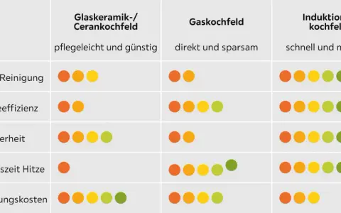 Vergleich verschiedener kochfelder arten: Glaskeramik, Gas und Induktion. Bewertung von Pflege, Energieeffizienz, Sicherheit, Reaktionszeit und Kosten.