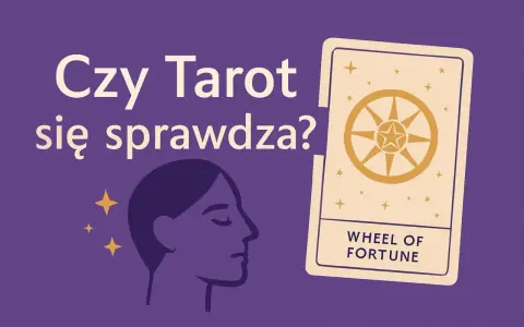 Czy tarot się sprawdza? Grafika z pytaniem i kartą Koło Fortuny, obok profil kobiety.