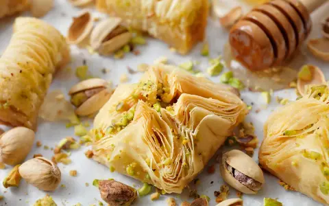 Deliciosos postres de baklava con pistachos y miel, perfectos para tus recetas con masa filo.