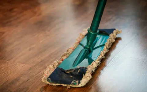 Mopa limpiando un suelo de parquet. Descubre remedios caseros para reparar parquet y mantenerlo como nuevo.