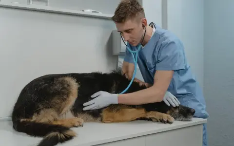 Weterynarz bada owczarka niemieckiego, którego twardy brzuch budzi niepokój.