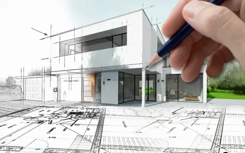 Dłoń trzyma ołówek nad szkicem nowoczesnego domu, który przechodzi w wizualizację. Architekt tworzy marzenie.