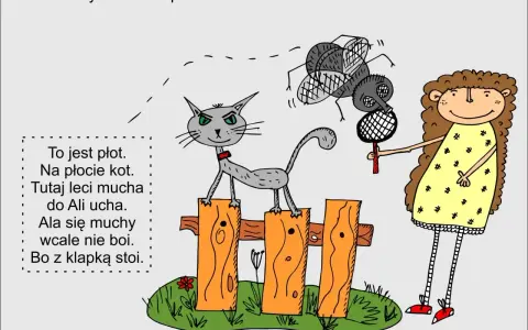Kot na płocie, mucha leci do ucha Ali. Ala z klapką nie boi się muchy. Krótkie wiersze do recytacji dla dzieci.