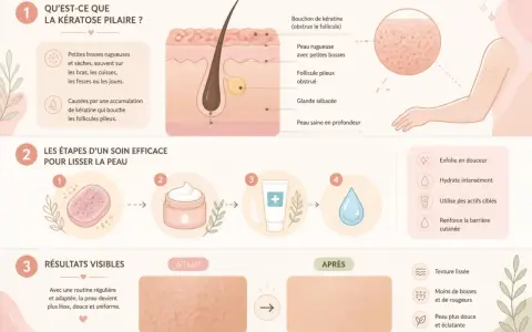 Illustration expliquant la kératose pilaire, ses causes et les étapes d'un soin pour lisser la peau, transformant une peau rugueuse type "peau de fraise" en une peau lisse.