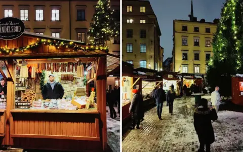 Julmarknad på Stortorget med snö på marken, julgranar och försäljningsstånd med korv och godsaker.