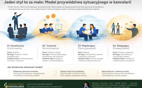 Etapy rozwoju pracownika wg Blancharda: dyrektywny, trenerski, wspierający, delegujący. Dopasuj styl do kompetencji i motywacji.