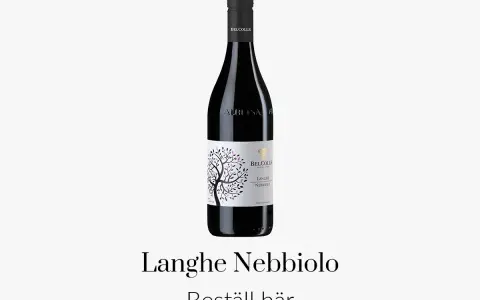 En flaska Bel Colle Langhe Nebbiolo, ett utsökt italienskt vin med en vacker etikett som föreställer ett träd.