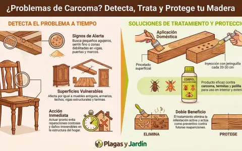Ilustración sobre cómo detectar y aplicar tratamiento contra termitas en madera, mostrando signos de alerta, superficies vulnerables y métodos de aplicación.