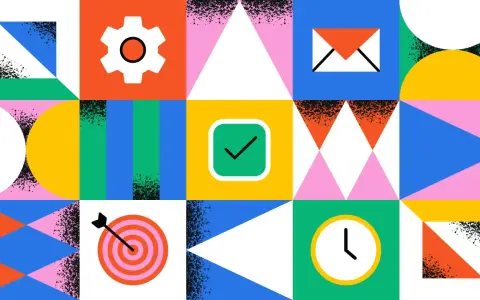 Icônes colorées : engrenage, enveloppe, cible, coche, horloge. Une illustration abstraite pour une application de tâches à faire.