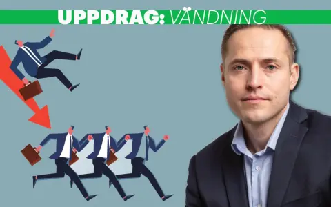 En man i kostym ser bekymrad ut. Nedanför honom springer flera män med portföljer mot en röd pil som pekar nedåt. Kanske han känner separationsångest inför att byta jobb.