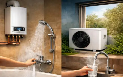Un calentador de agua y una unidad exterior de aire acondicionado. El agua caliente fluye en una bañera y un vaso se llena en una cocina.