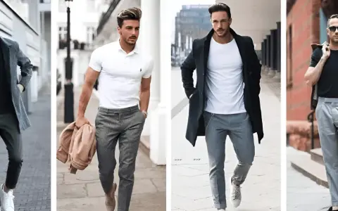 Four men showcase stylish gray pants outfits, from casual to smart-casual looks.