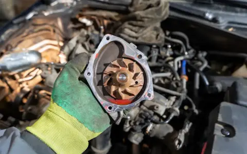 Main d'un mécanicien tenant la turbine d'une pompe à eau pour changer la turbine du moteur hors bord Suzuki.